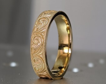 Gold Unique Engraved Wedding Ring, Art Deco Scroll Style Wedding Band, Hand Milgrain Men's Gold Ring, New Vintage 5mm Flat Wedding Ring