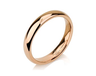 May include: A rose gold wedding ring with a smooth, polished surface. The ring has a rounded shape and a gentle sheen, reflecting light. The band is a simple, elegant design, suitable for everyday wear. The ring is a classic piece of jewellery.