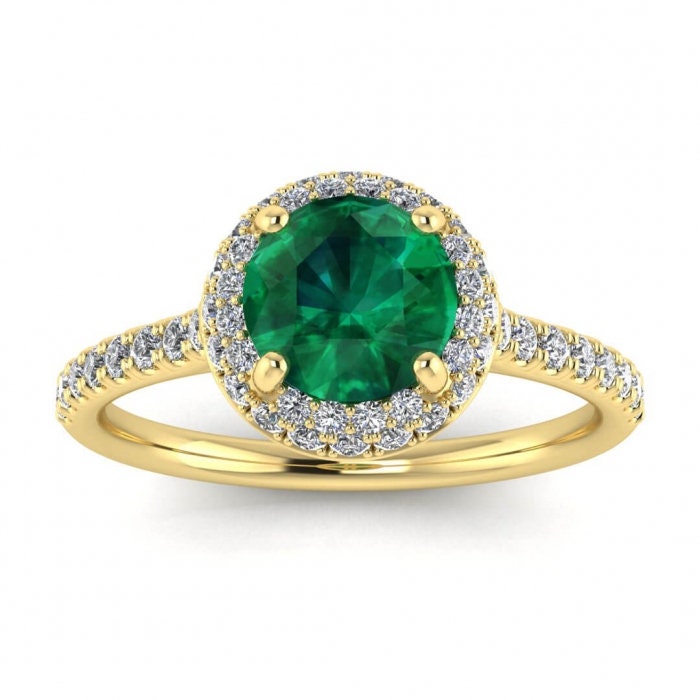 White Gold Double Halo Emerald And Diamond Engagement Ring | Etsy