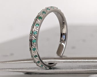 Emerald Full Eternity Platinum Band | May Birthstone Matching Band Wedding Ring | Solid Gold Green Gemstone Ring | Stacking Promise Ring