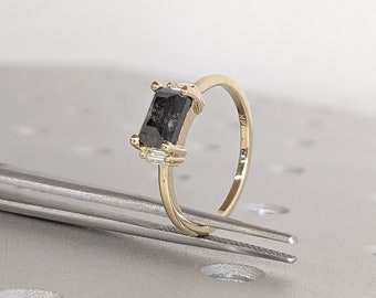 Baguette cut Natural Salt and Pepper Black Diamond Women Engagement Cocktail Ring | 14K 18K Yellow Gold Rectangle Moissanite Promise Ring