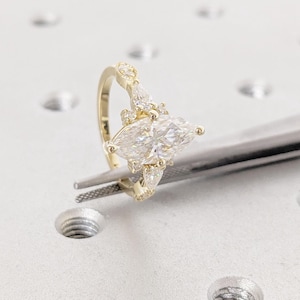 Bagues d&#39;anniversaire en or jaune 14 carats pour femme, bague en diamant cultivé en laboratoire, bague en diamant taille marquise, bague poire et moissanite ronde, cadeau pour elle