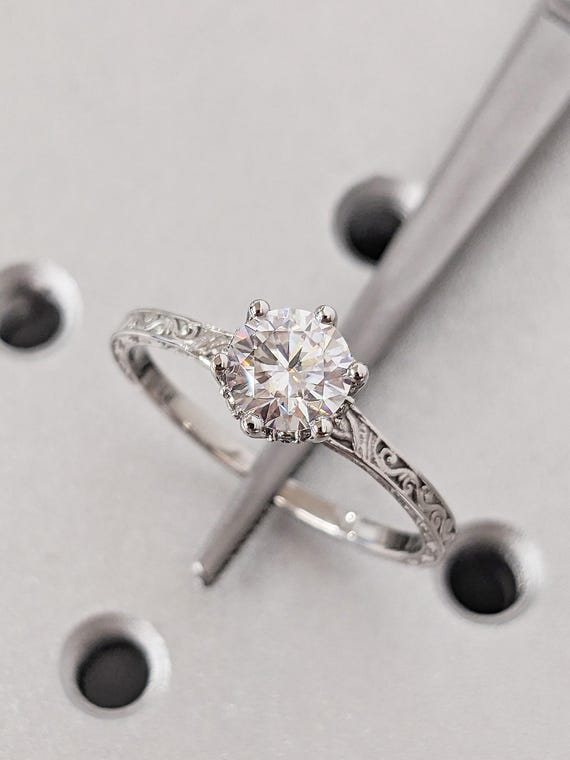Vintage Round Moissanite Engagement Ring, Platinum Hidden Halo Wedding Ring, Vintage Filigree Diamond Ring, Unique Art Deco Diamond Ring