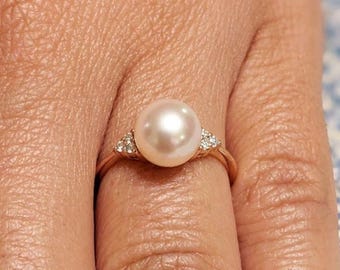 Akoya Pearl and Diamond Promise Ring for Her | Solid Gold or Platinum Vintage Jewelry Bridal Gift