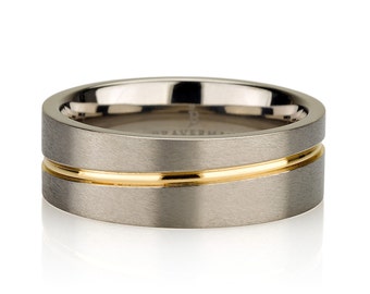 May include: A silver and gold wedding band with a brushed finish. The band has a thin gold stripe around the center.
