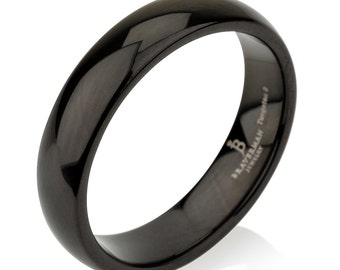 Black Domed Tungsten Ring Mens Wedding Band Ring, 5mm, Black Tungsten Band 4-15 Half Sizes Comfort Fit Shiny Polished