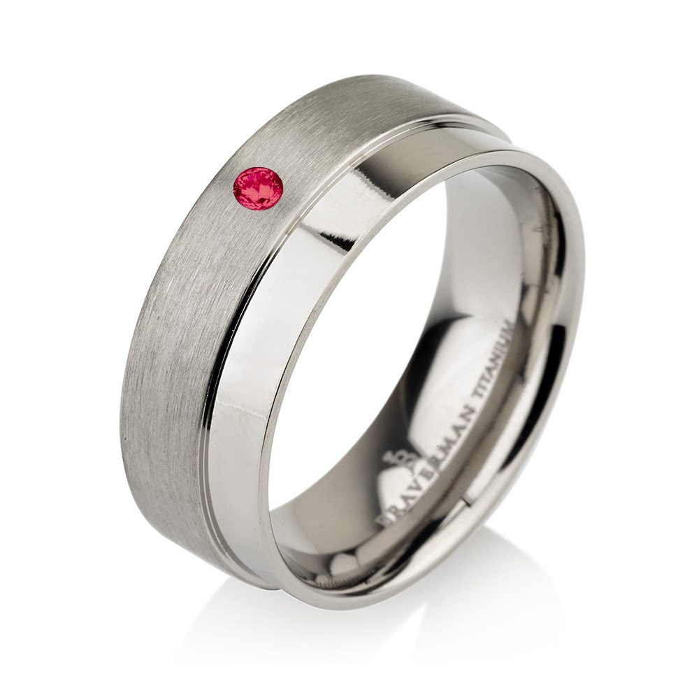 Titanium Men's Ring Wedding Band Round Red Ruby Simulated Jewelry Size 6-13 