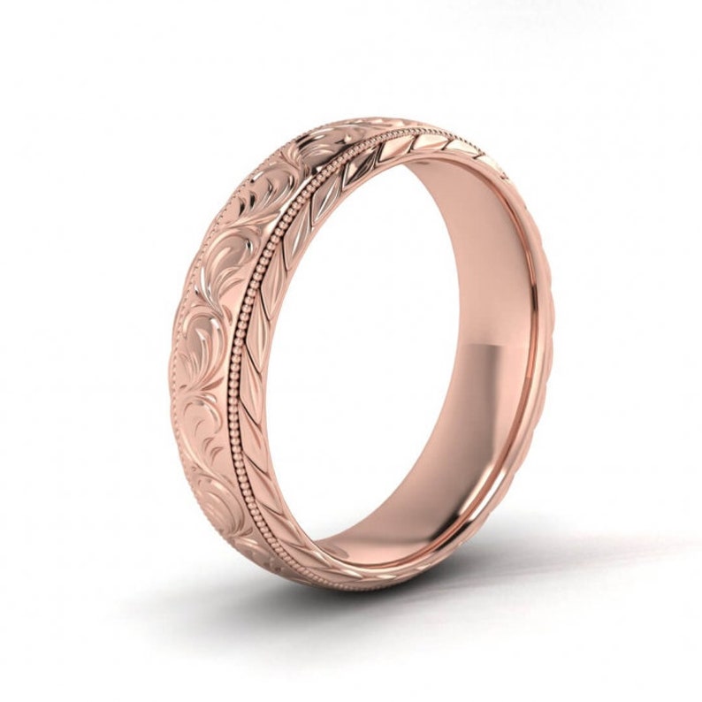 14k Rose Gold Flower Wedding Ring 5mm Floral Engraved Etsy