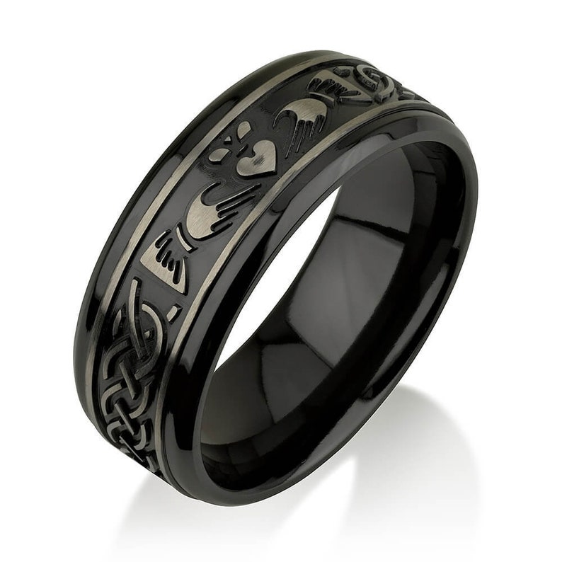 Black Zirconium Celtic Irish Claddagh Ring Hands Clasping