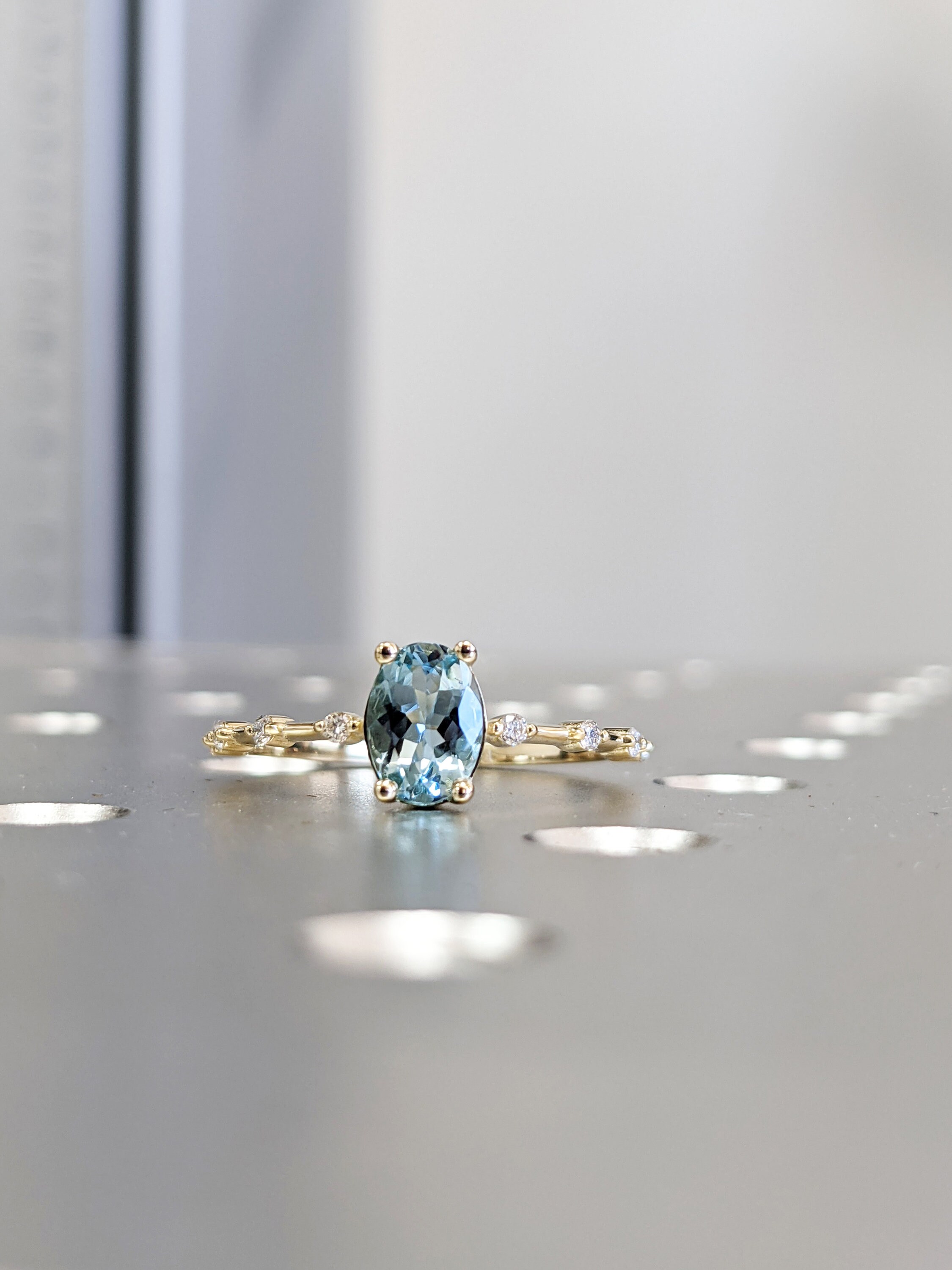 Bague Solitaire Aigue-marine Naturelle - Or Jaune 14 Carats - Taille 7 - Style Art Deco - Fabriqué En Inde