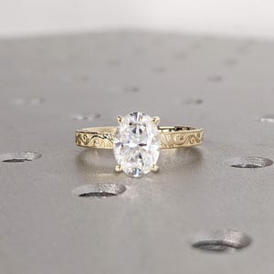 Oval cut Lab Grown Diamond Vintage Solitaire Engagement Ring | 14K 18K Yellow Gold Filigree Engraving Women Wedding Ring | Bridal Jewelry