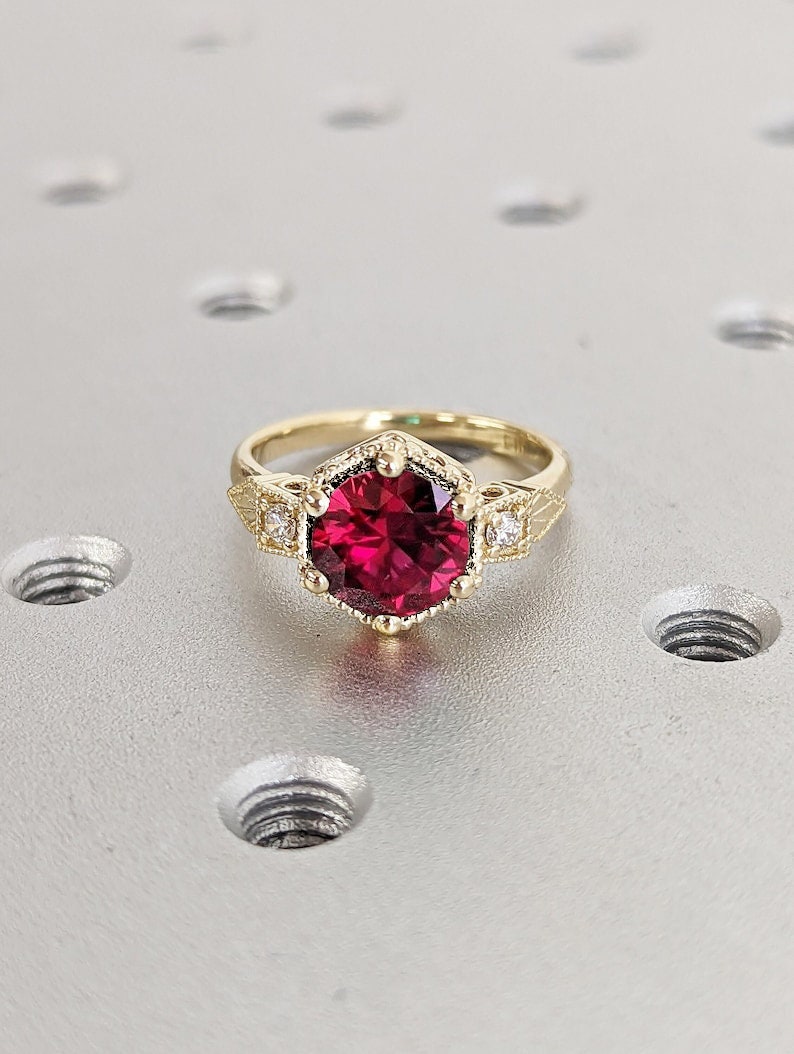 gold ruby ring stackable gold ring july ring natural... 14K Solid Gold Ruby July Birthstone Ring, Round Cut Diamond Trellis ...