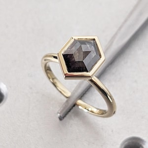 Hexagon Cut Salt and Pepper Diamond Engagement Ring, Solitaire 14K Yellow Gold Ring, Bezel Set Diamond Ring, Statement Ring, Gift for Women