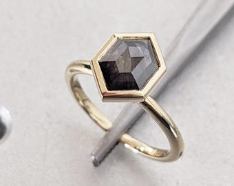 Hexagon Cut Salt and Pepper Diamond Engagement Ring, Solitaire 14K Yellow Gold Ring, Bezel Set Diamond Ring, Statement Ring, Gift for Women