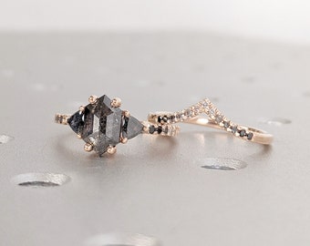 Hexagon, Trillion cut Salt and Pepper Grey Diamond Engagement Proposal Ring Set | 14K Rose Gold Matching Curve Ombre Diamond Eternity Band