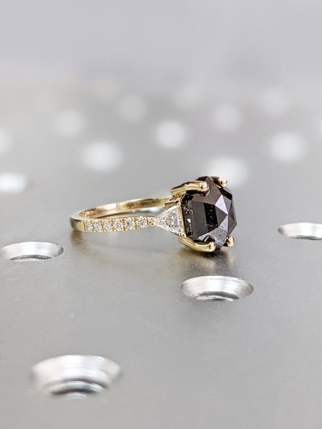 Art Deco Salt and Pepper Engagement Ring, Vintage Hexagon Shaped Black