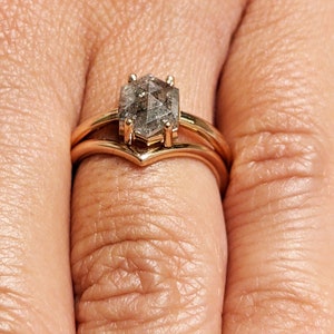 Raw Diamond, Salt and Pepper, Hexagon, Unique Engagement Ring, Rose Cut Geometric Diamond Ring, 14k Gold, Custom Handmade image 2