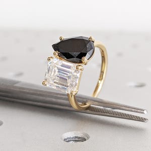Toi et Moi Engagement Ring, Emerald Moissanite with Black Diamond Pear Ring, Black and White Ring, You & Me Ring, Gold Promise Ring for Her
