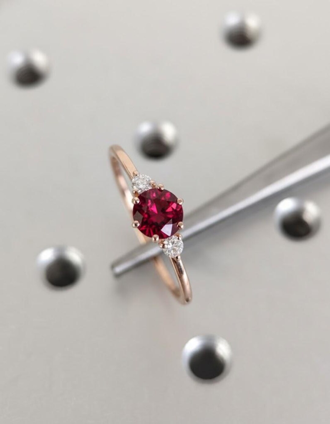 Round Ruby Engagement Ring, 14K Gold Ring, Rose Gold Band, Prong Set ...