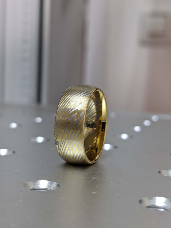 Yellow Gold Brushed Mokume Gane Tungsten Forged Ring- Mokume