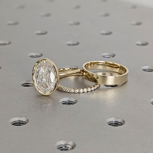 4ct Oval Lab Diamond Solitaire 3 Ring Engagement Set | 14K Yellow Gold Diamond Hidden Halo Proposal Ring | Custom Half Eternity Wedding Band