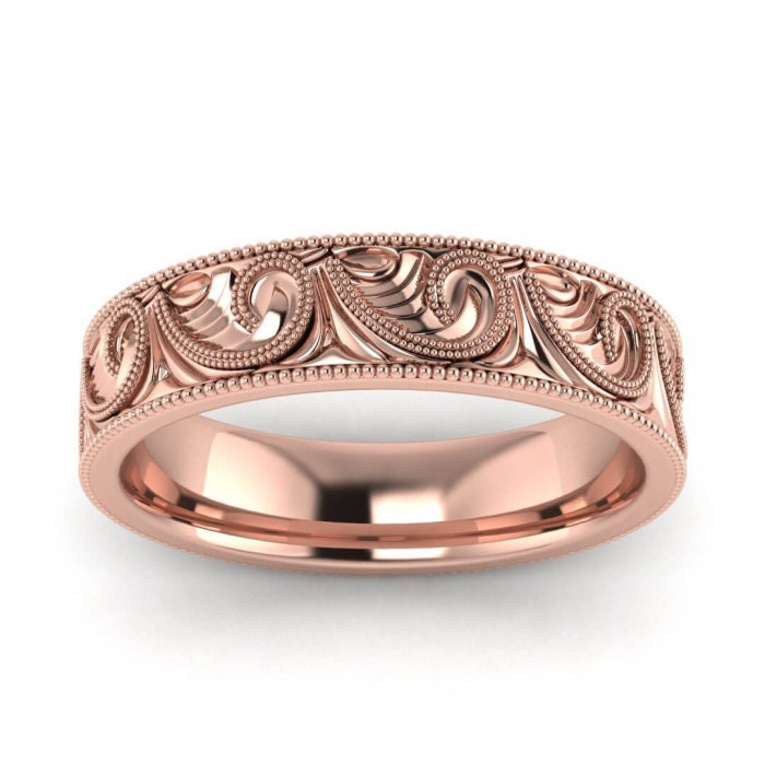 Gold Unique Engraved Wedding Ring, Art Deco Scroll Style