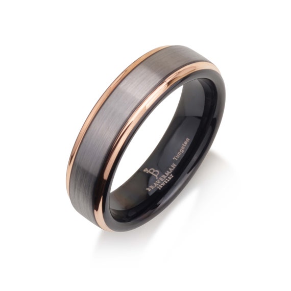 GUNMETAL Tungsten Ring Rose Gold Wedding Band 6mm 18K | Etsy