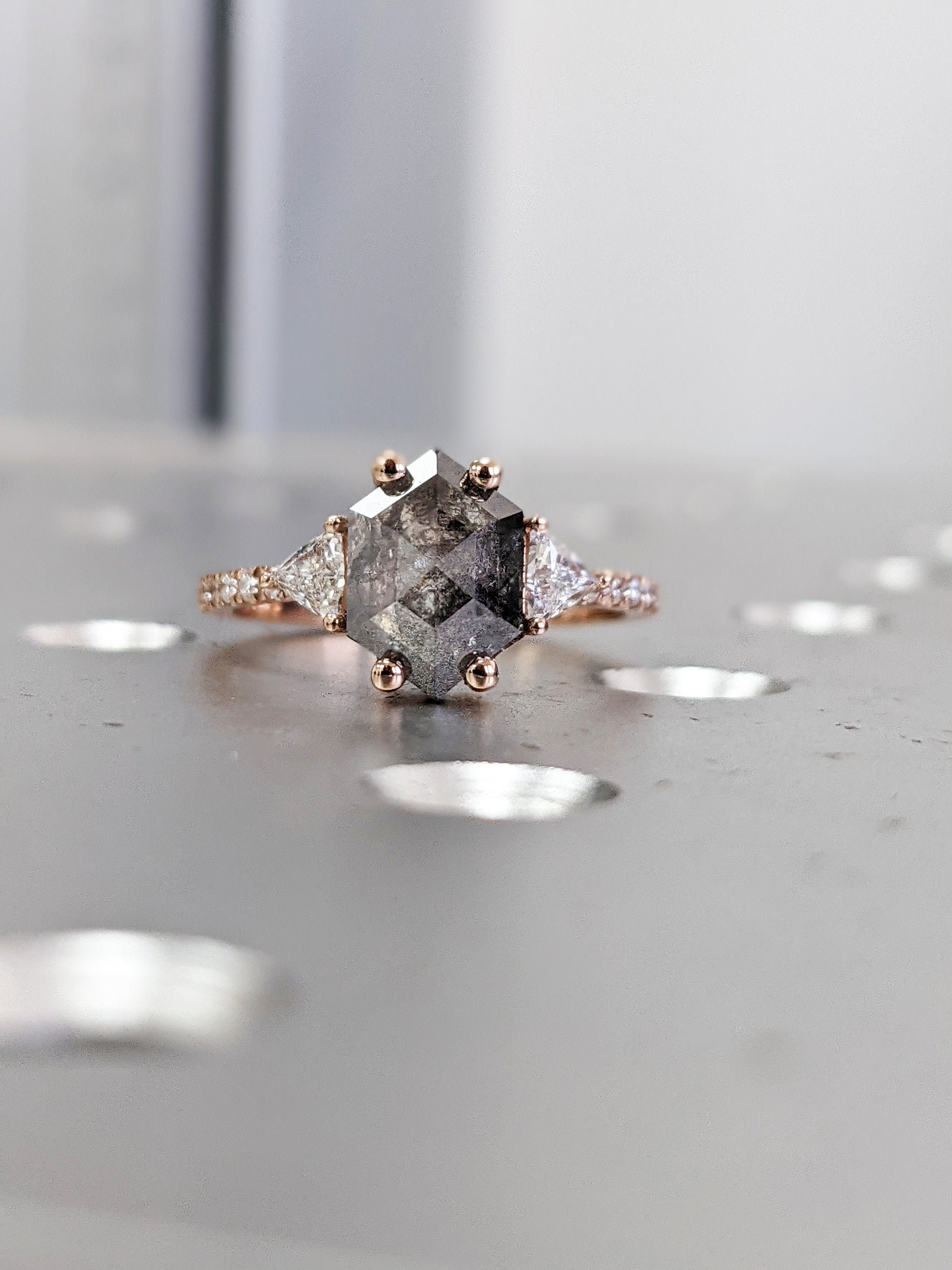 Hexagon Salt & Pepper Engagement Ring