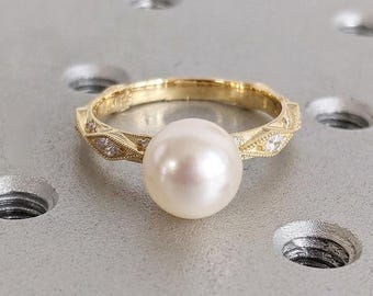 Vintage Akoya Pearl Engagement Ring, Art Deco 14k Yellow Gold Promise Ring for Her, Wedding Anniversary Rings for Women, Bridal Jewelry