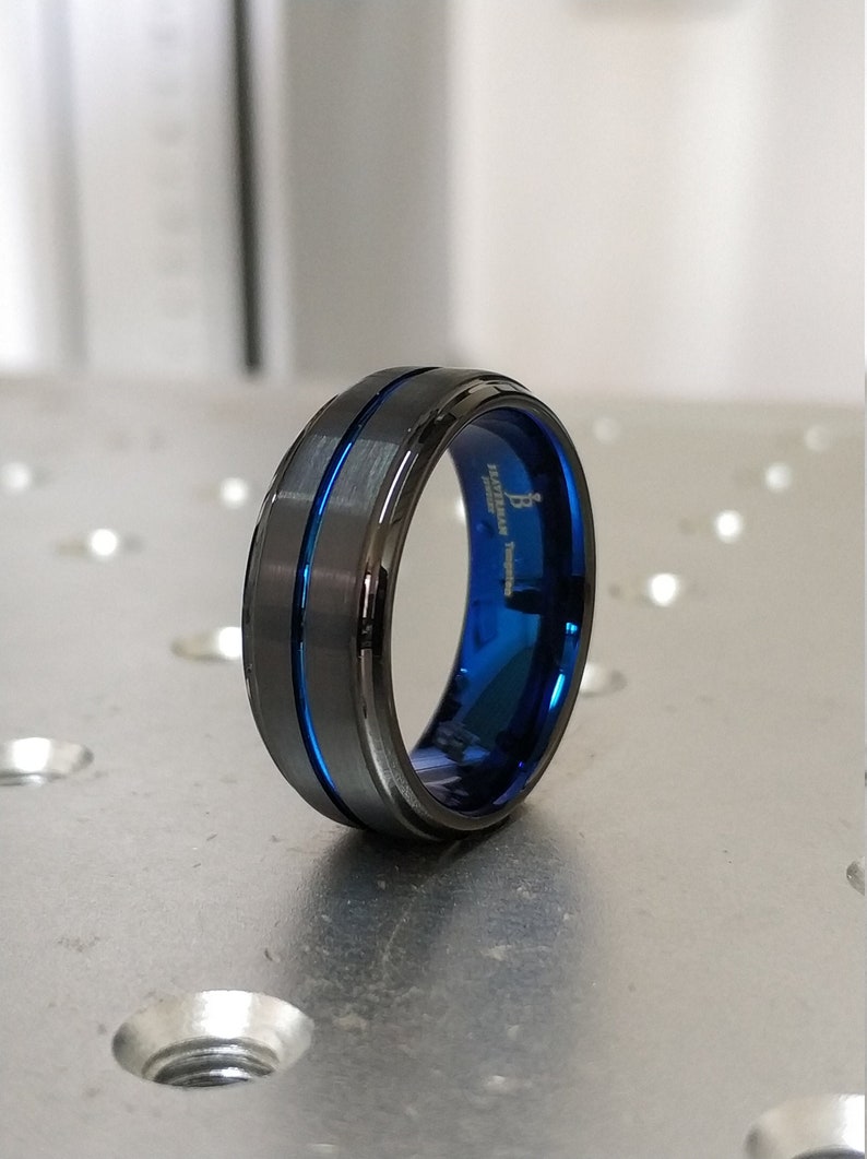 Mens Wedding Band Black Tungsten Ring with Blue Line Mens Wedding Ring 8mm Tungsten Ring Two Tone Wedding Band Personalized Wedding Band