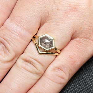 Hexagon Salz & Pfeffer Diamant Solitär Stein Hochzeit Ring Lünette Verlobungsring Versprechensring Urlaub Tag Familienring Solid Gold Braut Ring