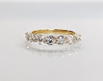 Anillo de bodas de oro amarillo macizo real de 14 quilates con 7 piedras para mujer, anillo de bodas con diamantes simulados, anillo de promesa, anillo de aniversario para ella, esposa