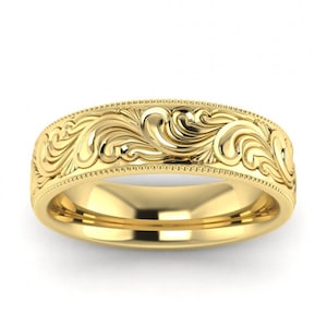 14k yellow gold feather ring, Vintage, Antique, Feather, Milgrain, Wedding band, 14K Yellow Gold, Wedding Band