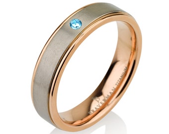 Rose Gold Band, Rose Gold Wedding Band, Titanium Wedding Bands, Mens Wedding Bands, Aquamarine Band, Aquamarine Ring