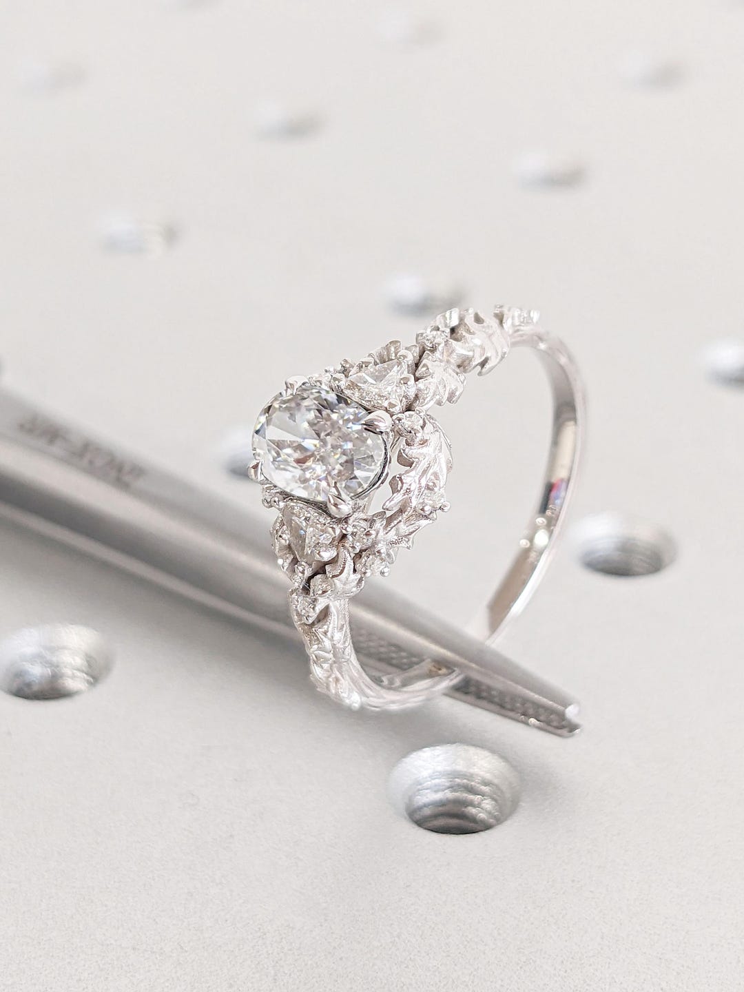 Oval Lab Grown Diamond Rustic Engagement Ring | Nature Inspired 14k ...