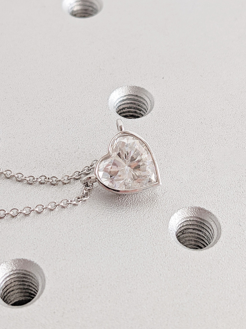 2ct Heart Shape Moissanite Solitaire Women Necklace |  14K White Gold 42cm Length Chain | Bezel set Dainty Diamond Pendant | Birthday Gift