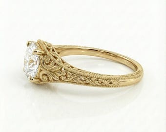 Art-deco filigraan ring met labgegroeide diamant: IGI Lab-diamant, handgegraveerd, 14k 18k massief goud of platina