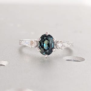 Vintage Oval Natural Peacock Sapphire Engagement Ring | White Gold Teal Sapphire Filigree Wedding Ring | Lab Diamond Cluster Promise Ring