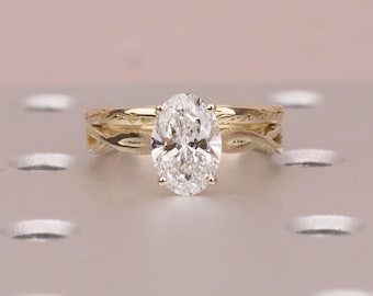 Vintage Moissanite Engagement Ring Set | Yellow Gold Oval Solitaire Bridal Set | Art Deco Promise Ring Anniversary Gift For Her