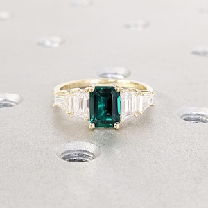 14k Yellow Gold Emerald Engagement Ring | Minimalist Vintage Emerald and Diamond Engagement Ring | Statement Art Deco Jewelry | Gift for Her