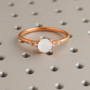 Round Opal Engagement Ring, Rose Gold Moissanite and Opal Ring for Women, Minimalist Opal Ring, Promise Ring for Her, Opal Birthstone Ring