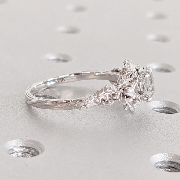 Moissanite Engagement Forest Oak Leaves Twisted Ring, Oak Leaf Tree Branch Statement Ring, Unique Nature Inspired Ring, Nature Promise Ring