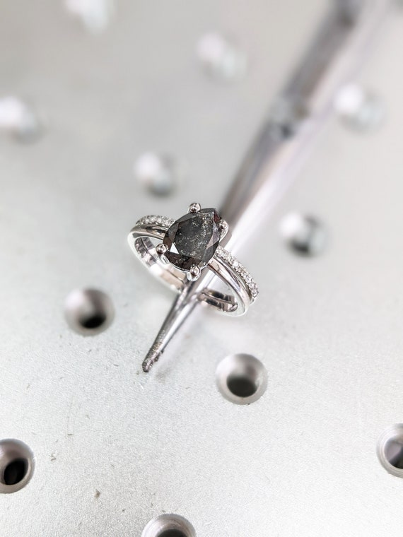 Raw Salt and Pepper Diamond, Rose Cut Pear Diamond Ring, Unique