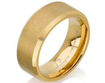 Free Shipping 14k Yellow Gold Mens Tungsten Wedding Band Ring Bands Unique Rings Brushed Beveled Edge Men Beveled Custom Handmade Men's