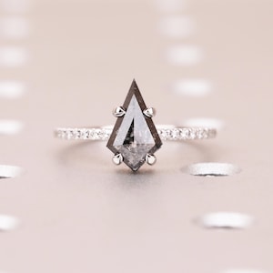Puede incluir: Un anillo de compromiso de plata con un diamante en forma de cometa, sal y pimienta. La banda est&aacute; adornada con peque&ntilde;os diamantes brillantes. El dise&ntilde;o &uacute;nico y la piedra central oscura del anillo crean un contraste llamativo.
