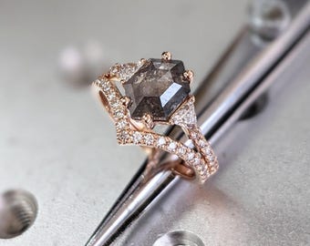 Salt and Pepper Diamond Engagement and Wedding Ring Set | 14k Rose Gold Chevron Matching Stacking Ring | Diamond Bridal Jewelry For Women