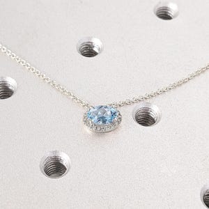 Aquamarine and Diamond Halo Pendant Necklace | 14k 18k White Gold Necklace 1ct Oval cut Aquamarine | Something Blue Wedding Jewelry for Her