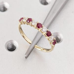 Ruby Diamond Ring | 14k Yellow Gold Half Eternity Ring | Unique Diamond Wedding Band | Dainty Ruby Wedding Ring | Anniversary Gift for Her