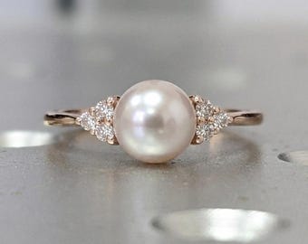 14k Rose Gold Akoya Pearl Engagement Rings for Women | Unique Diamond Cluster Proposal Ring | Wedding Anniversary Gift