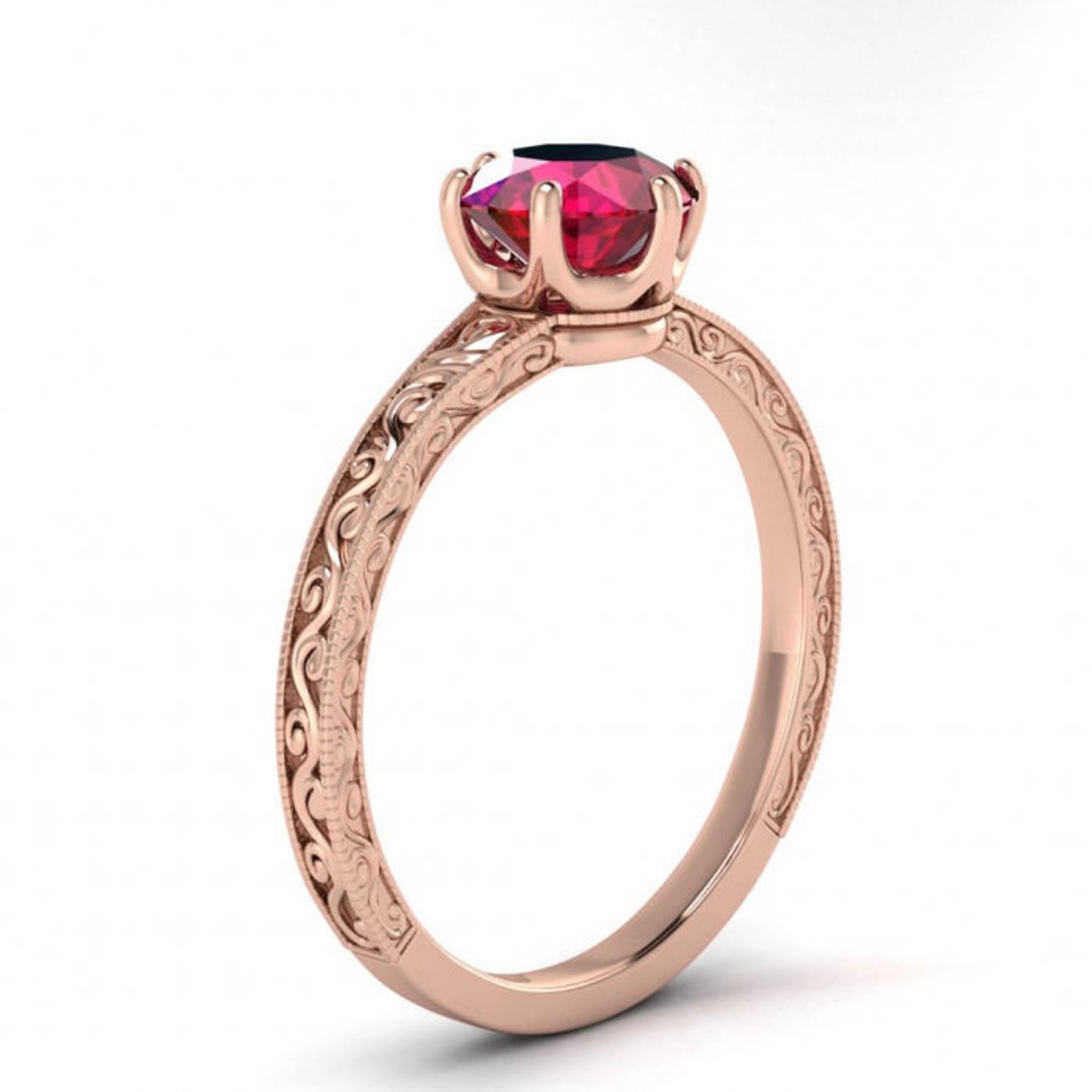 14k Rose Gold Corinne Scrollwork Engraving Ruby Ring, Wave Engraving ...